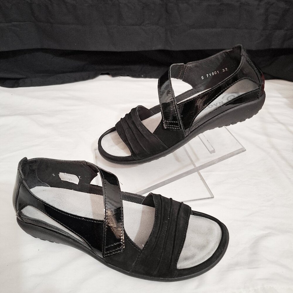 NAOT Israel PAPAKI Sandals 37/6-6. Koru Collection Black Patent & Nubuck Comfort